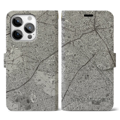 【中目黒（東京都）】地図柄iPhoneケース（手帳タイプ）モノトーン・iPhone 14 Pro 用