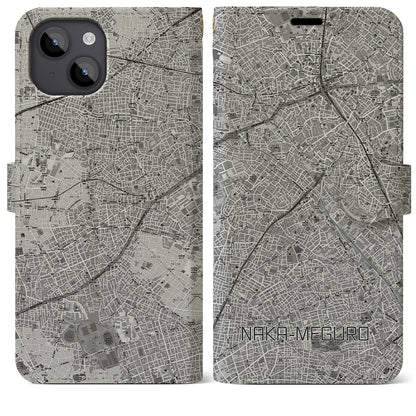 【中目黒（東京都）】地図柄iPhoneケース（手帳タイプ）モノトーン・iPhone 14 Plus 用