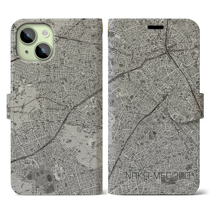 【中目黒（東京都）】地図柄iPhoneケース（手帳タイプ）モノトーン・iPhone 15 用