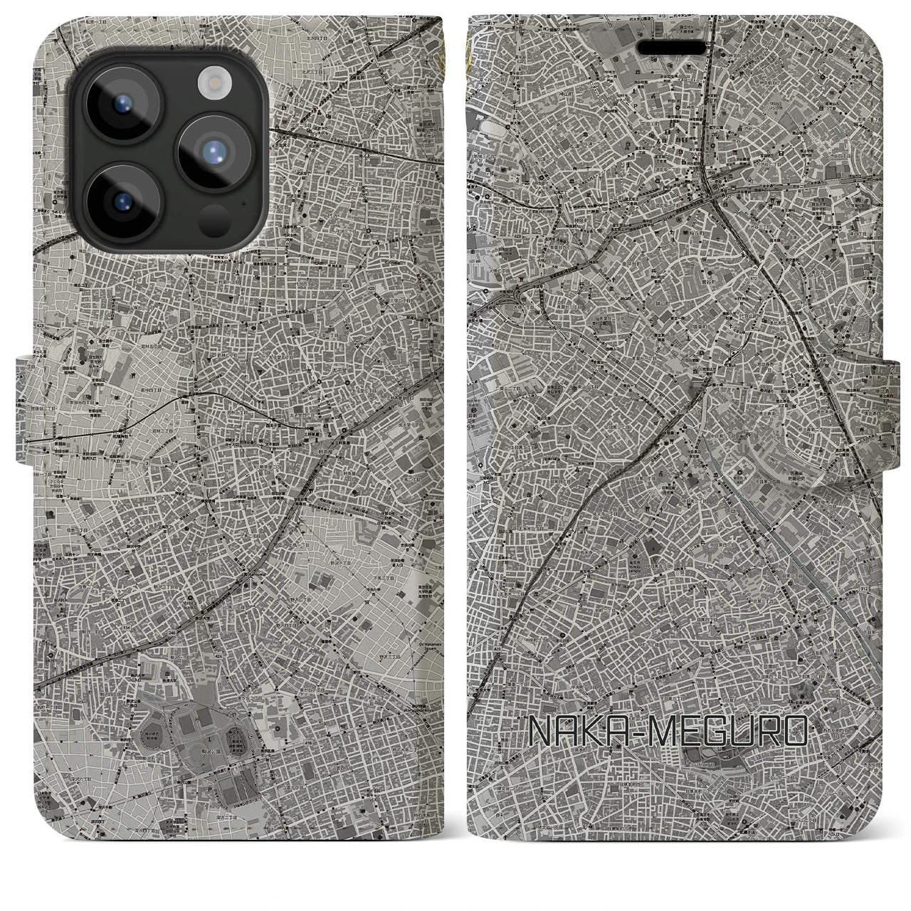 【中目黒】地図柄iPhoneケース（手帳両面タイプ・モノトーン）iPhone 15 Pro Max 用