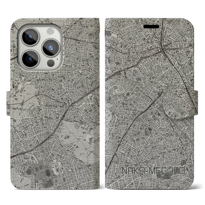 【中目黒（東京都）】地図柄iPhoneケース（手帳タイプ）モノトーン・iPhone 15 Pro 用