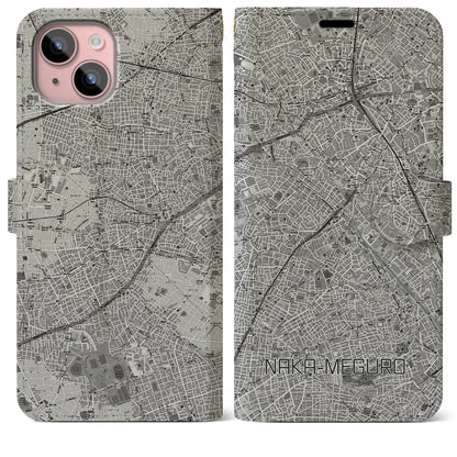 【中目黒（東京都）】地図柄iPhoneケース（手帳タイプ）モノトーン・iPhone 15 Plus 用