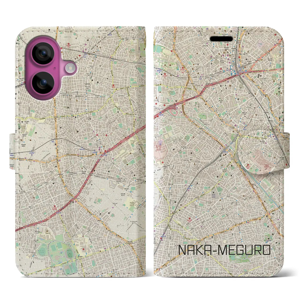 【中目黒（東京都）】地図柄iPhoneケース（手帳タイプ）ナチュラル・iPhone 16 Pro 用