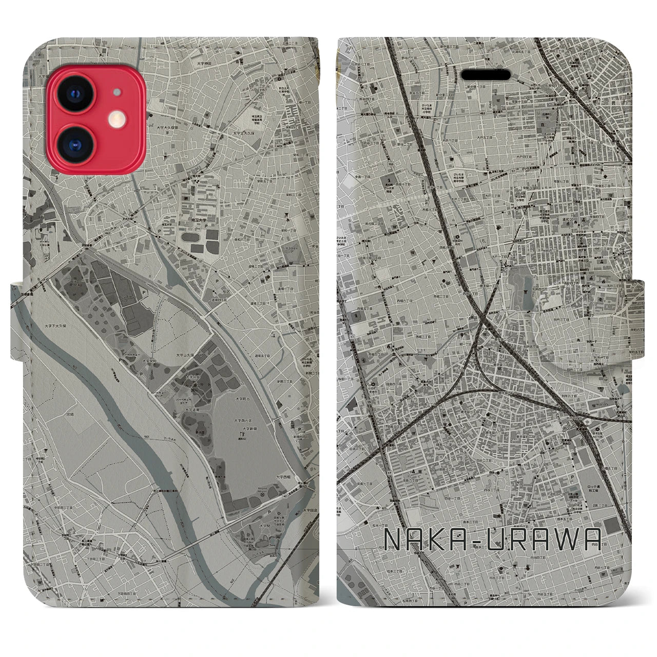 【中浦和】地図柄iPhoneケース（手帳両面タイプ・モノトーン）iPhone 11 用