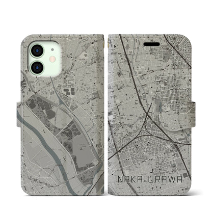 【中浦和（埼玉県）】地図柄iPhoneケース（手帳タイプ）モノトーン・iPhone 12 mini 用
