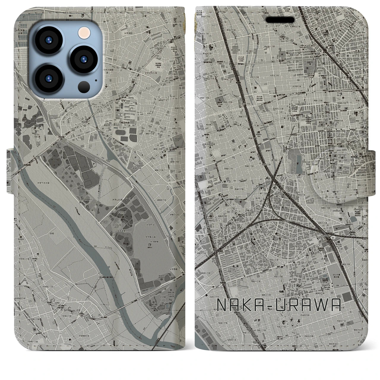 【中浦和】地図柄iPhoneケース（手帳両面タイプ・モノトーン）iPhone 13 Pro Max 用