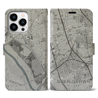 【中浦和（埼玉県）】地図柄iPhoneケース（手帳タイプ）モノトーン・iPhone 13 Pro 用