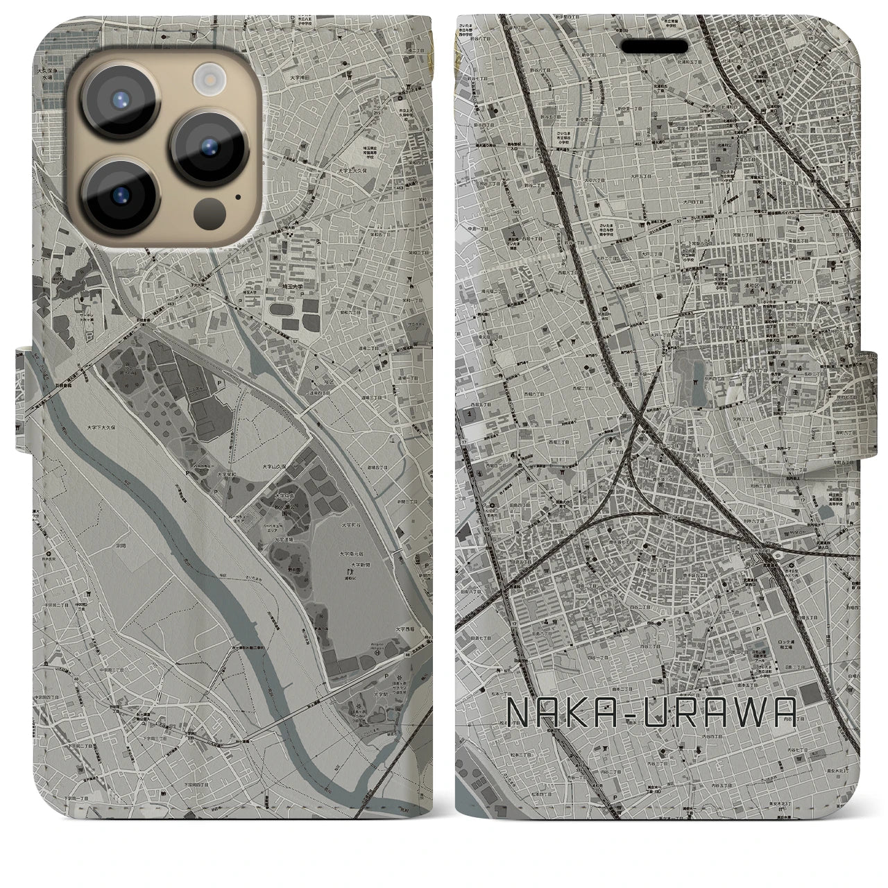 【中浦和】地図柄iPhoneケース（手帳両面タイプ・モノトーン）iPhone 14 Pro Max 用