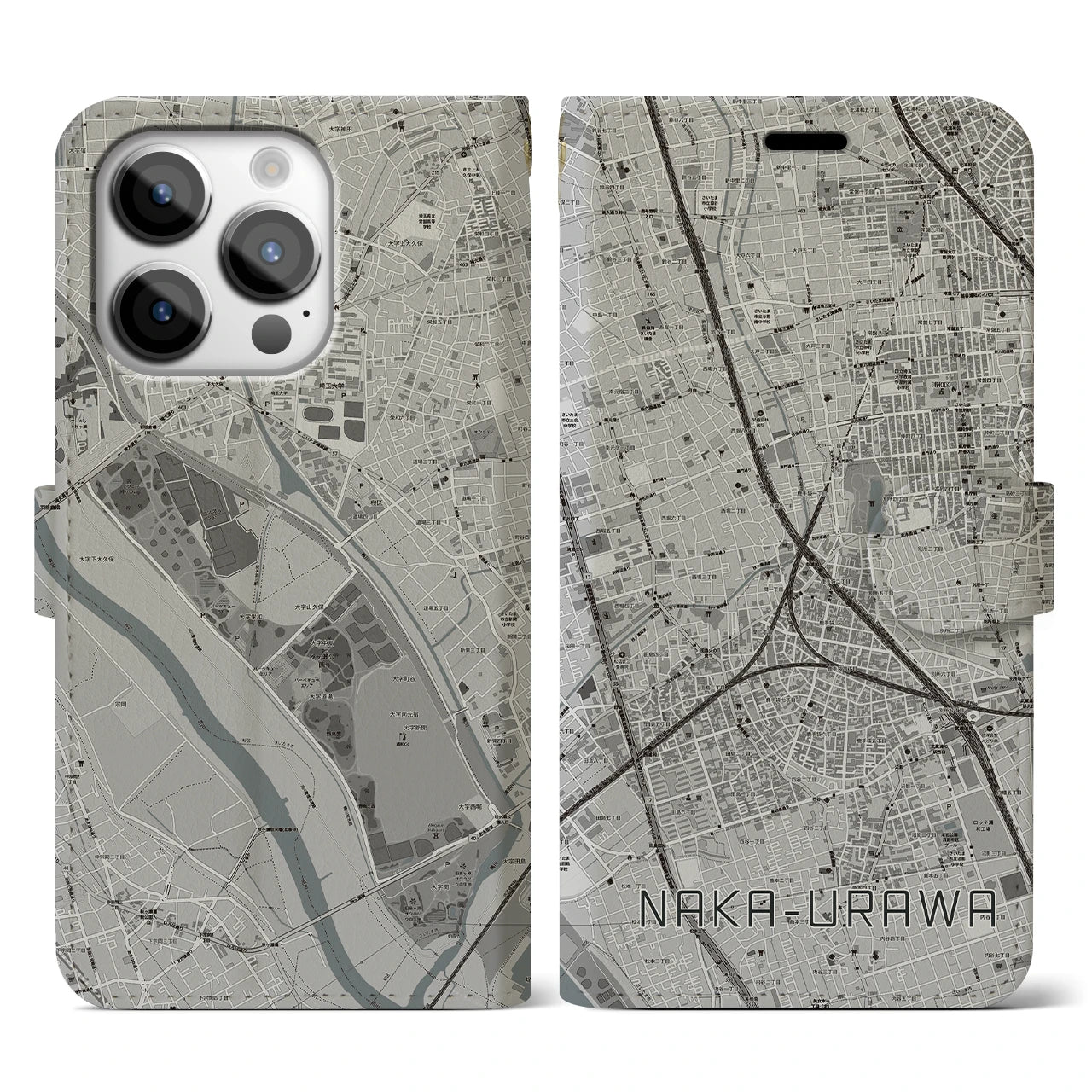 【中浦和】地図柄iPhoneケース（手帳両面タイプ・モノトーン）iPhone 14 Pro 用