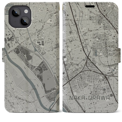 【中浦和（埼玉県）】地図柄iPhoneケース（手帳タイプ）モノトーン・iPhone 14 Plus 用