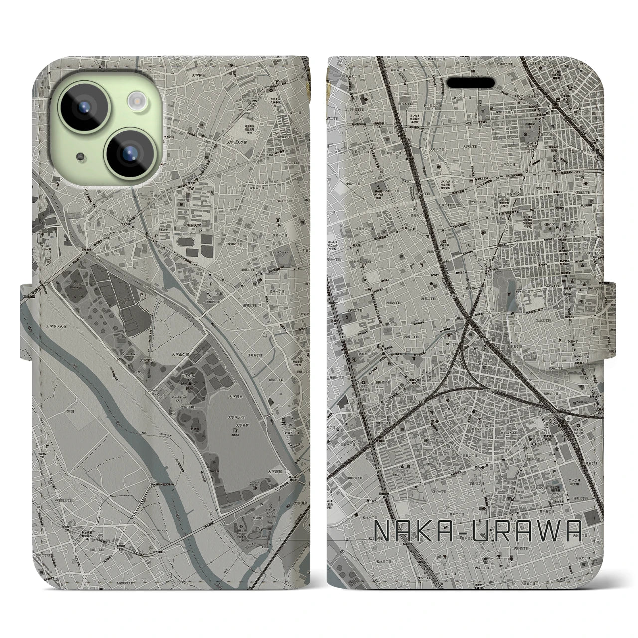 【中浦和】地図柄iPhoneケース（手帳両面タイプ・モノトーン）iPhone 15 用
