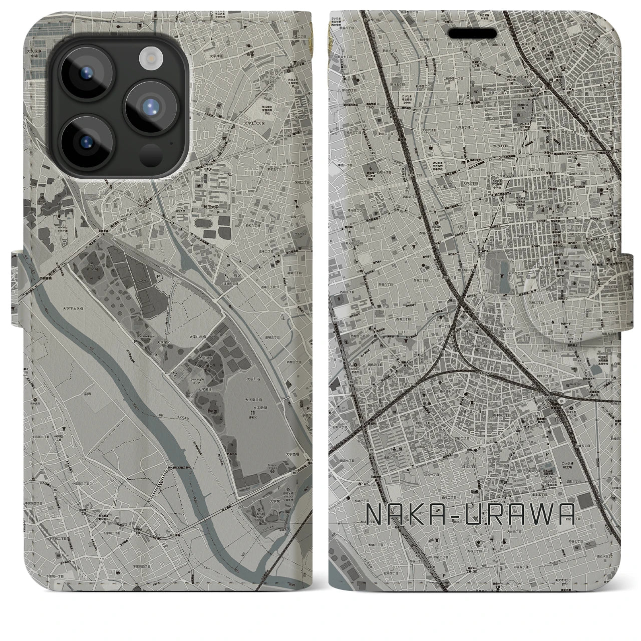 【中浦和】地図柄iPhoneケース（手帳両面タイプ・モノトーン）iPhone 15 Pro Max 用