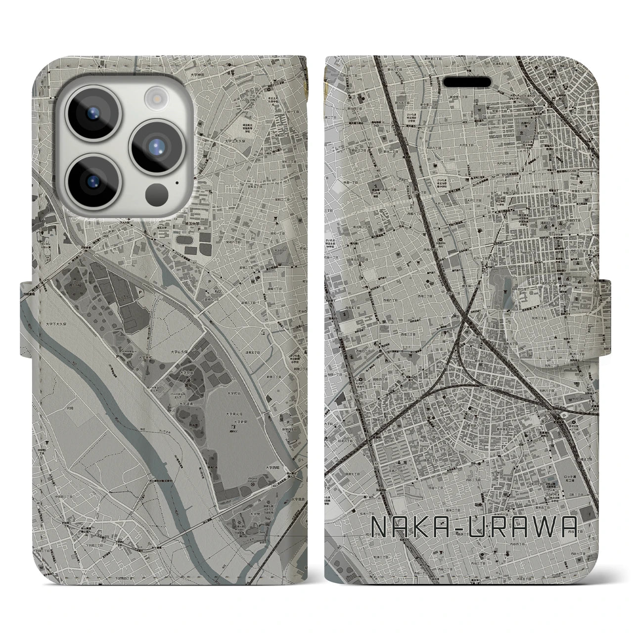 【中浦和】地図柄iPhoneケース（手帳両面タイプ・モノトーン）iPhone 15 Pro 用