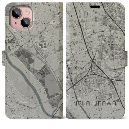 【中浦和（埼玉県）】地図柄iPhoneケース（手帳タイプ）モノトーン・iPhone 15 Plus 用