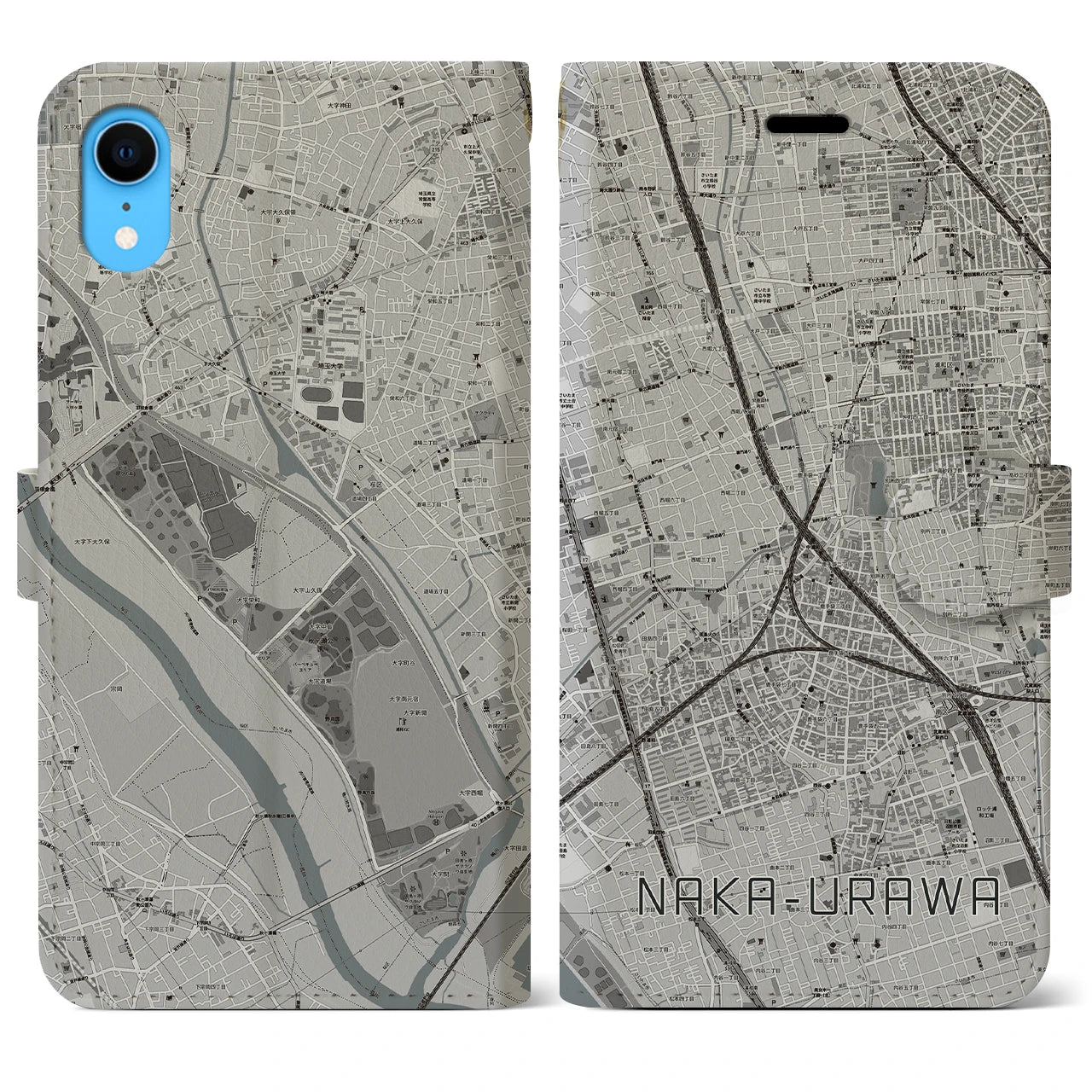 【中浦和】地図柄iPhoneケース（手帳両面タイプ・モノトーン）iPhone XR 用