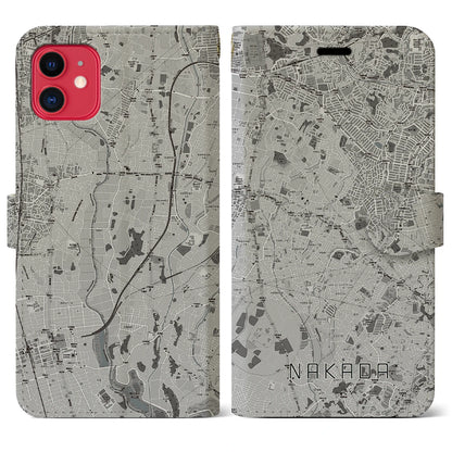 【中田（神奈川県）】地図柄iPhoneケース（手帳タイプ）モノトーン・iPhone 11 用