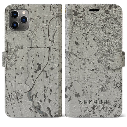 【中田（神奈川県）】地図柄iPhoneケース（手帳タイプ）モノトーン・iPhone 11 Pro Max 用