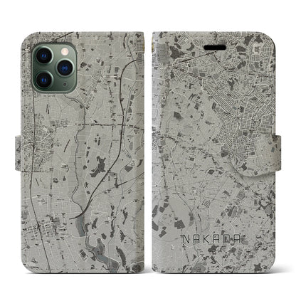 【中田（神奈川県）】地図柄iPhoneケース（手帳タイプ）モノトーン・iPhone 11 Pro 用
