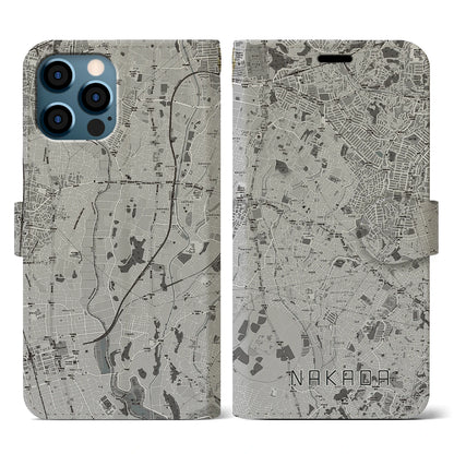 【中田（神奈川県）】地図柄iPhoneケース（手帳タイプ）モノトーン・iPhone 12 / 12 Pro 用