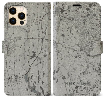 【中田（神奈川県）】地図柄iPhoneケース（手帳タイプ）モノトーン・iPhone 12 Pro Max 用