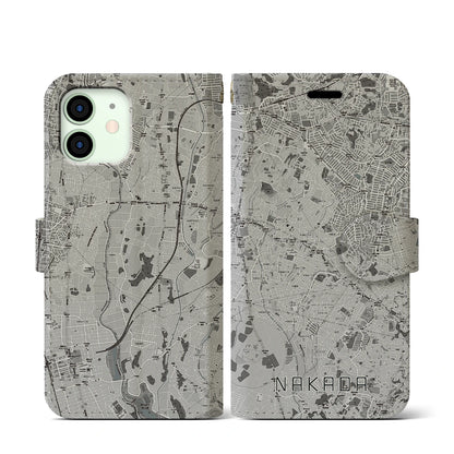 【中田（神奈川県）】地図柄iPhoneケース（手帳タイプ）モノトーン・iPhone 12 mini 用