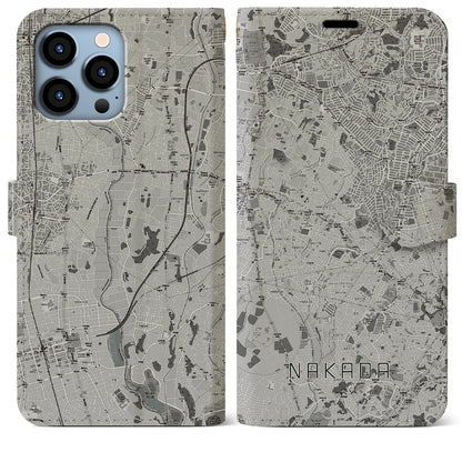 【中田（神奈川県）】地図柄iPhoneケース（手帳タイプ）モノトーン・iPhone 13 Pro Max 用