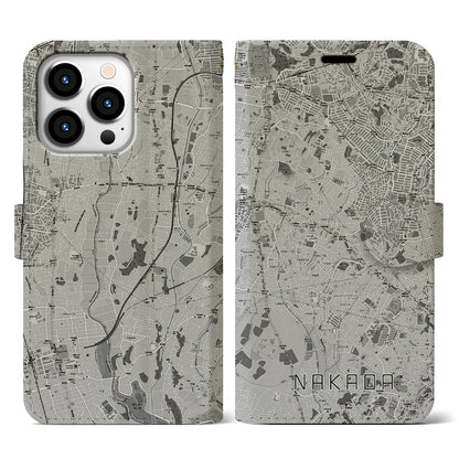 【中田（神奈川県）】地図柄iPhoneケース（手帳タイプ）モノトーン・iPhone 13 Pro 用