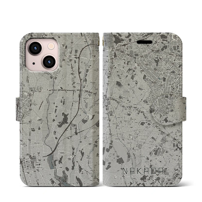 【中田（神奈川県）】地図柄iPhoneケース（手帳タイプ）モノトーン・iPhone 13 mini 用