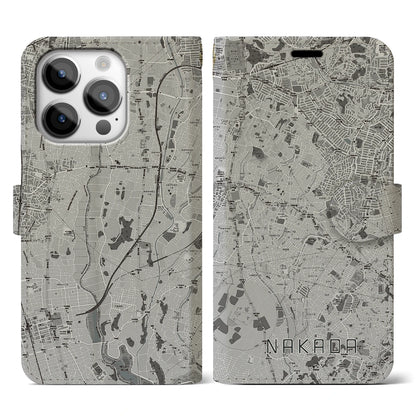 【中田（神奈川県）】地図柄iPhoneケース（手帳タイプ）モノトーン・iPhone 14 Pro 用