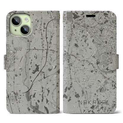 【中田（神奈川県）】地図柄iPhoneケース（手帳タイプ）モノトーン・iPhone 15 用