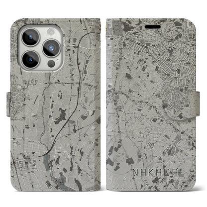 【中田（神奈川県）】地図柄iPhoneケース（手帳タイプ）モノトーン・iPhone 15 Pro 用