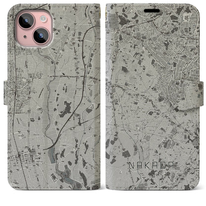 【中田（神奈川県）】地図柄iPhoneケース（手帳タイプ）モノトーン・iPhone 15 Plus 用