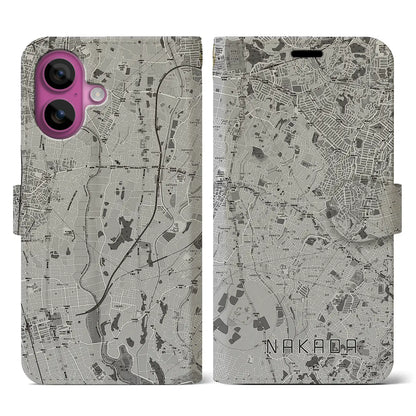 【中田（神奈川県）】地図柄iPhoneケース（手帳タイプ）モノトーン・iPhone 16 Pro 用
