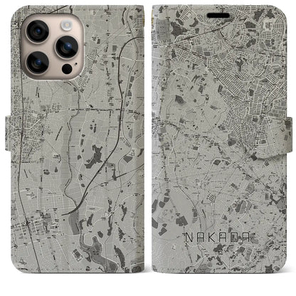 【中田（神奈川県）】地図柄iPhoneケース（手帳タイプ）モノトーン・iPhone 16 Plus 用