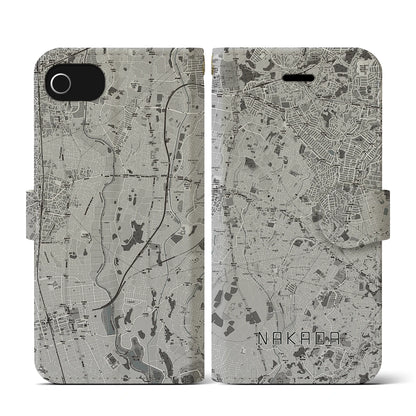 【中田（神奈川県）】地図柄iPhoneケース（手帳タイプ）モノトーン・iPhone SE（第3 / 第2世代） / 8 / 7 / 6s / 6 用