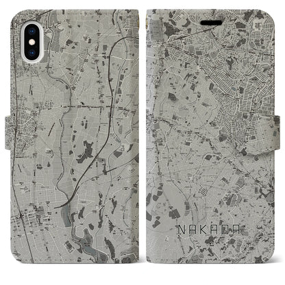【中田（神奈川県）】地図柄iPhoneケース（手帳タイプ）モノトーン・iPhone XS Max 用