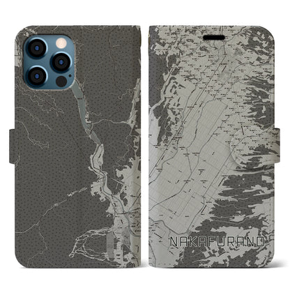【中富良野（北海道）】地図柄iPhoneケース（手帳タイプ）モノトーン・iPhone 12 / 12 Pro 用