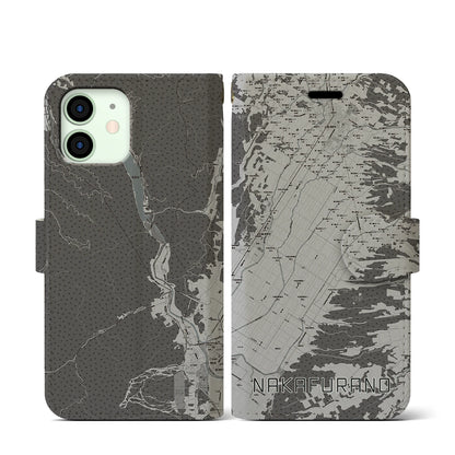 【中富良野（北海道）】地図柄iPhoneケース（手帳タイプ）モノトーン・iPhone 12 mini 用