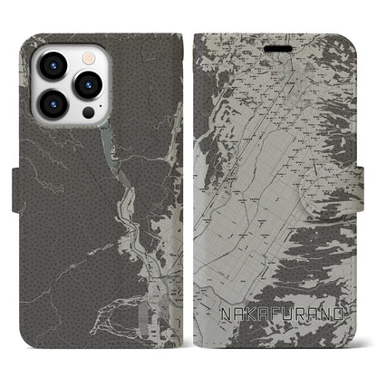 【中富良野（北海道）】地図柄iPhoneケース（手帳タイプ）モノトーン・iPhone 13 Pro 用