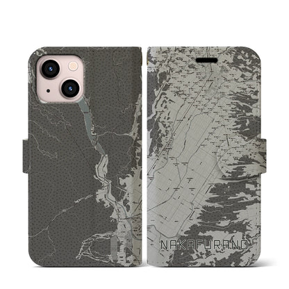 【中富良野（北海道）】地図柄iPhoneケース（手帳タイプ）モノトーン・iPhone 13 mini 用