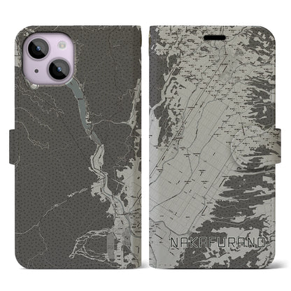 【中富良野（北海道）】地図柄iPhoneケース（手帳タイプ）モノトーン・iPhone 14 用