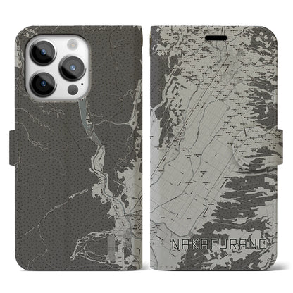 【中富良野（北海道）】地図柄iPhoneケース（手帳タイプ）モノトーン・iPhone 14 Pro 用