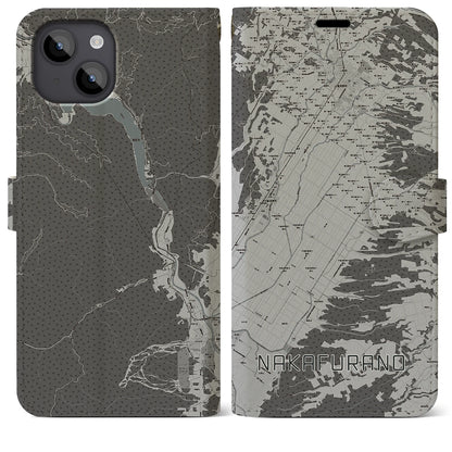 【中富良野（北海道）】地図柄iPhoneケース（手帳タイプ）モノトーン・iPhone 14 Plus 用