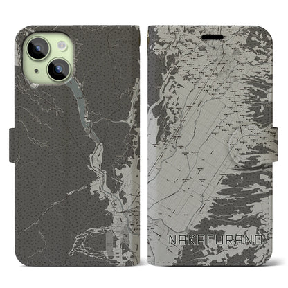 【中富良野（北海道）】地図柄iPhoneケース（手帳タイプ）モノトーン・iPhone 15 用