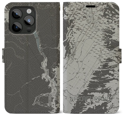 【中富良野（北海道）】地図柄iPhoneケース（手帳タイプ）モノトーン・iPhone 15 Pro Max 用
