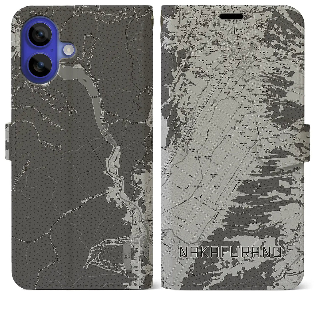 【中富良野(北海道)】地図柄iPhoneケース(手帳タイプ)モノトーン・iPhone 16 Pro Max 用