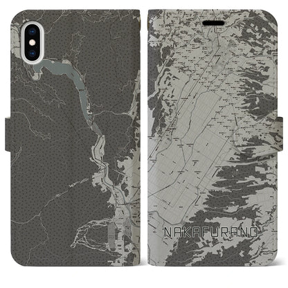 【中富良野（北海道）】地図柄iPhoneケース（手帳タイプ）モノトーン・iPhone XS Max 用