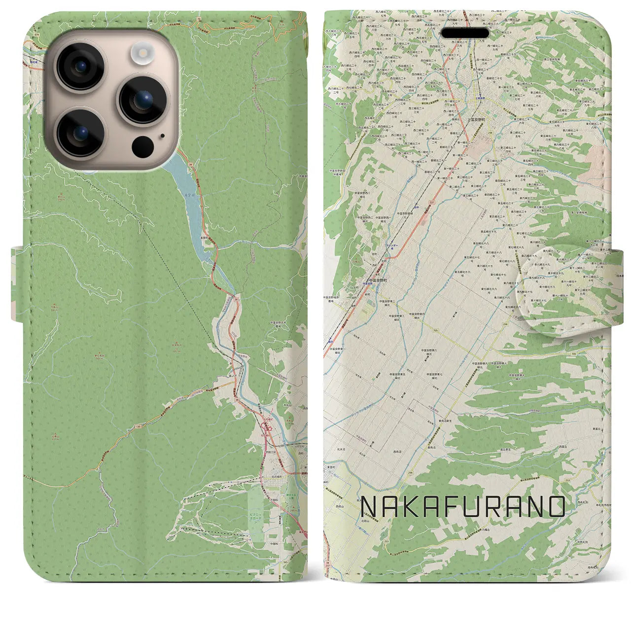 【中富良野（北海道）】地図柄iPhoneケース（手帳タイプ）ナチュラル・iPhone 16 Plus 用