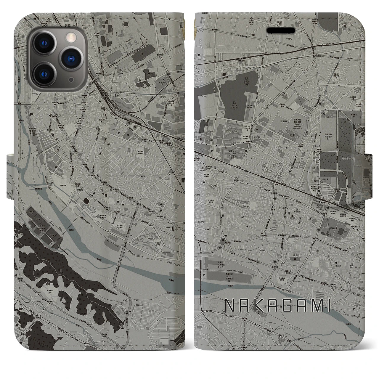【中神】地図柄iPhoneケース（手帳両面タイプ・モノトーン）iPhone 11 Pro Max 用