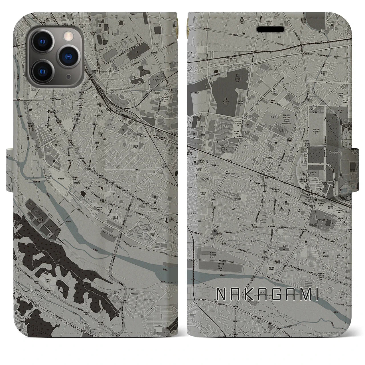 【中神（東京都）】地図柄iPhoneケース（手帳タイプ）モノトーン・iPhone 11 Pro Max 用